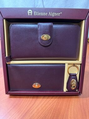 Etienne Aigner Burgundy Wallet, Checkbook/Card Case & Key Fob Set